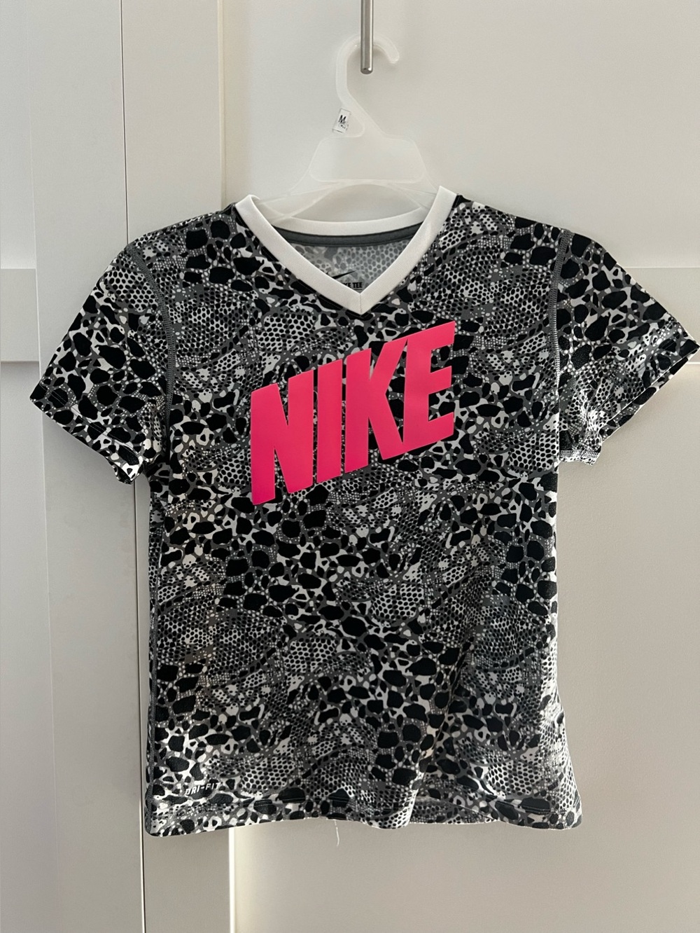 Nike Girls Black & White Print Tee with Hot Pink Logo